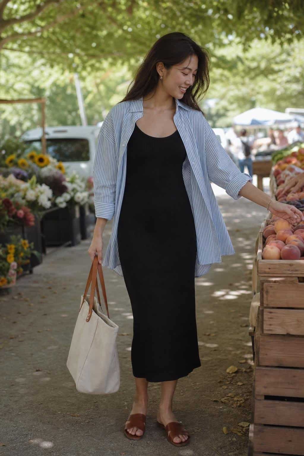 Black tank midi dress, striped button-down worn open, leather slides, simple tote, breezy farmers market morning (option 1)