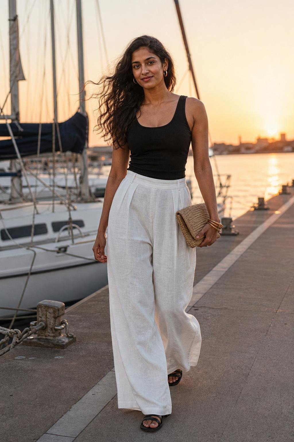 Black tank, white linen palazzo pants, black leather sandals on a marina boardwalk at sunset (option 1)