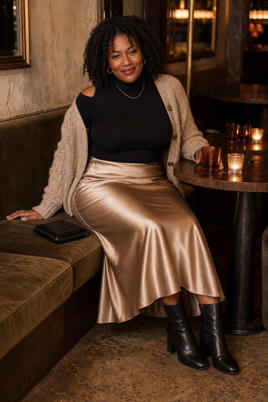 Black turtleneck, champagne slip skirt, chunky oatmeal cardigan, black boots in a candlelit wine bar (option 2)