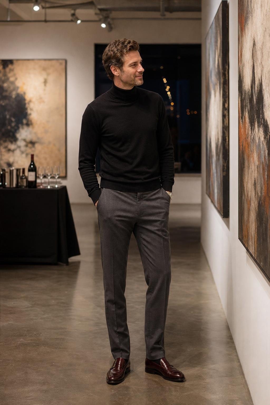 Black turtleneck, gray wool trousers, oxblood loafers, art gallery opening with polished evening mood (option 2)