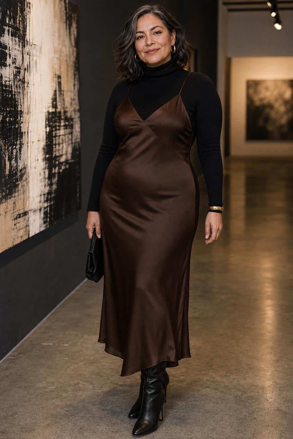 Black turtleneck layered under chocolate slip dress, tall boots, moody gallery evening (option 2)