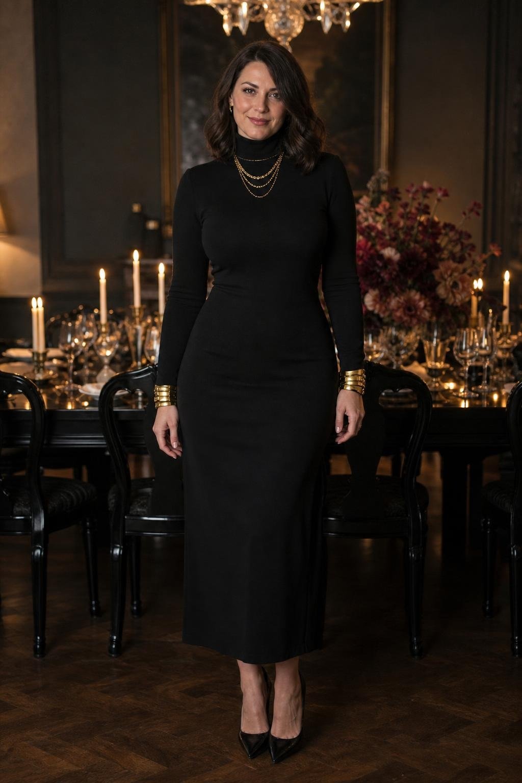 Black turtleneck midi dress, layered gold necklaces, gold cuffs, black pumps, candlelit dining room (option 2)