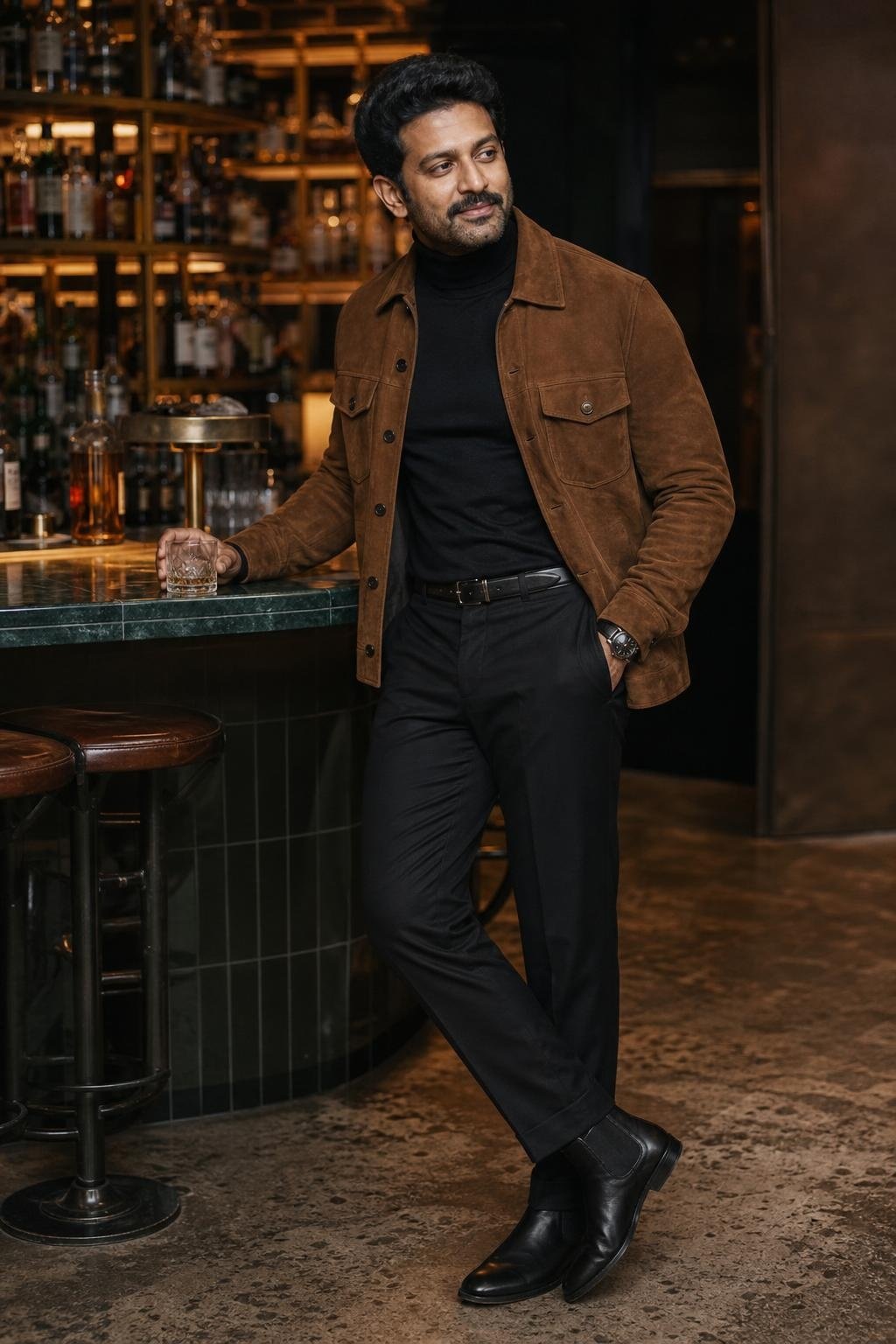 Black turtleneck, tobacco suede shirt jacket, dark olive trousers, black Chelsea boots, intimate dinner bar scene (option 2)