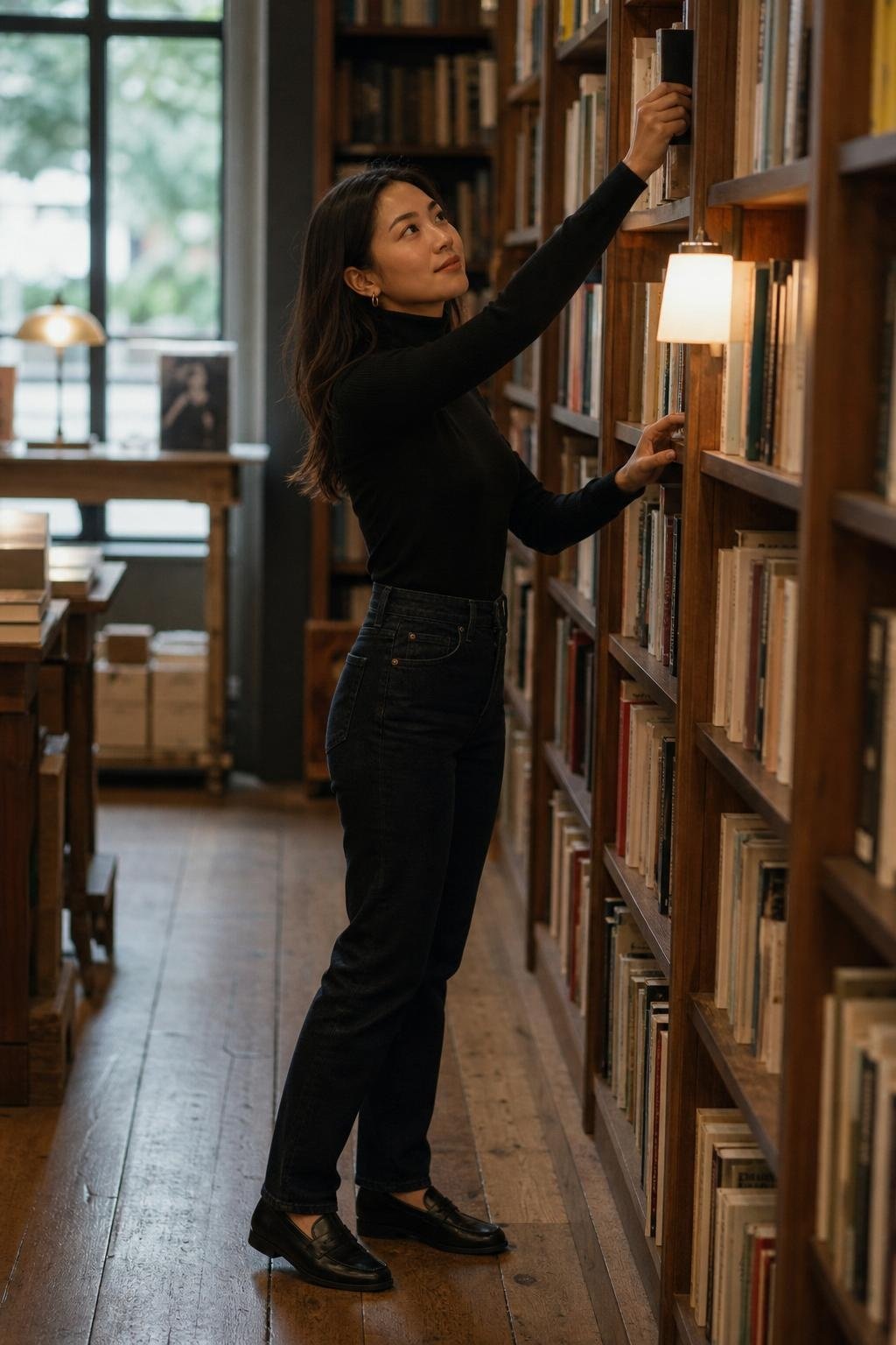 Black turtleneck tucked into dark straight jeans, loafers, gold hoops, quiet bookstore aisle (option 1)
