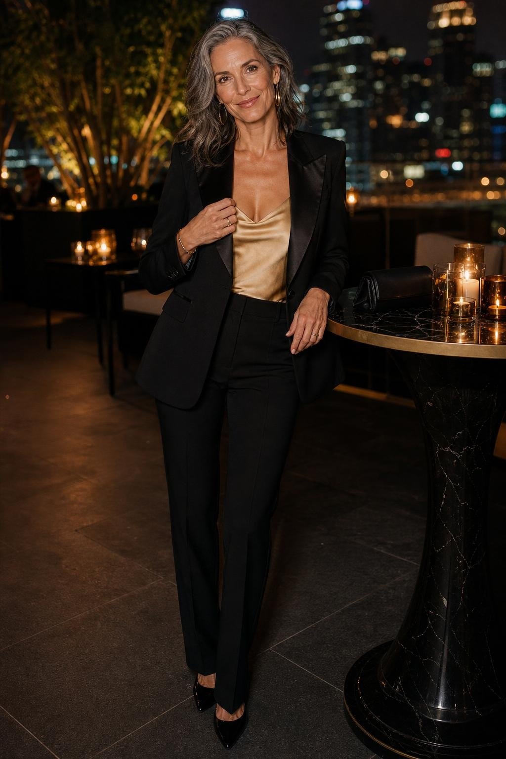 Black tuxedo blazer, gold satin camisole, tailored trousers, glamorous Halloween cocktail party (option 1)