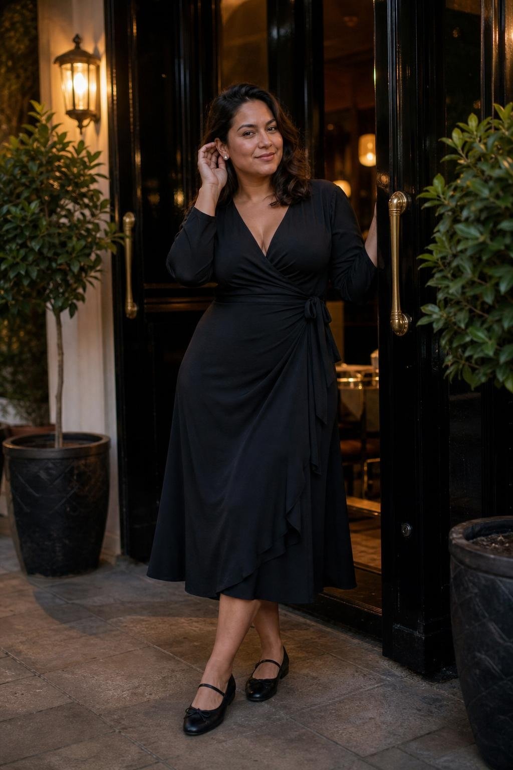 black wrap dress, black ballet flats, pearl earrings, evening restaurant entrance (option 1)