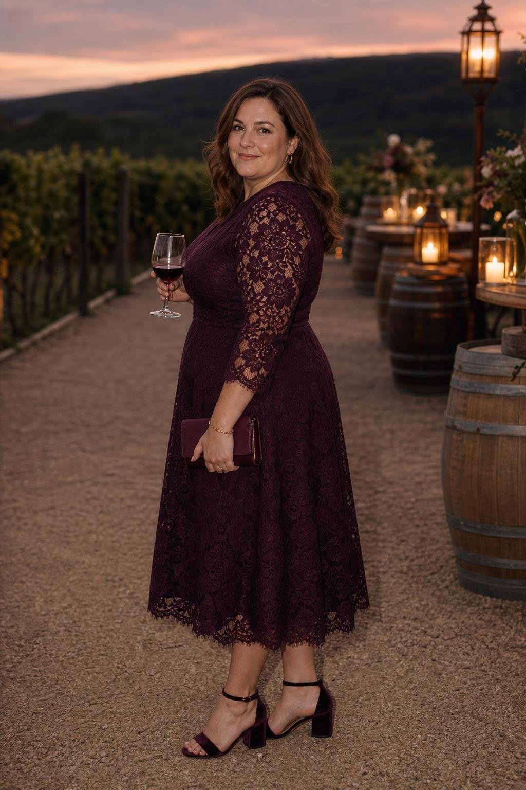 Blackberry lace midi dress with velvet sandals at a moody evening winery wedding (option 2)
