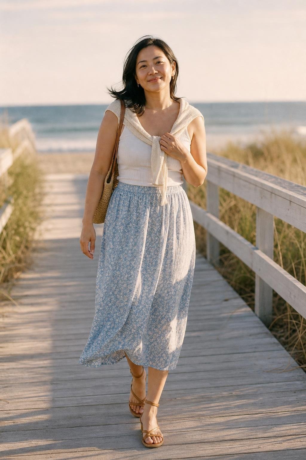 Blue floral midi skirt, white ribbed tank, pale cardigan over shoulders, sandals, seaside boardwalk (option 2)