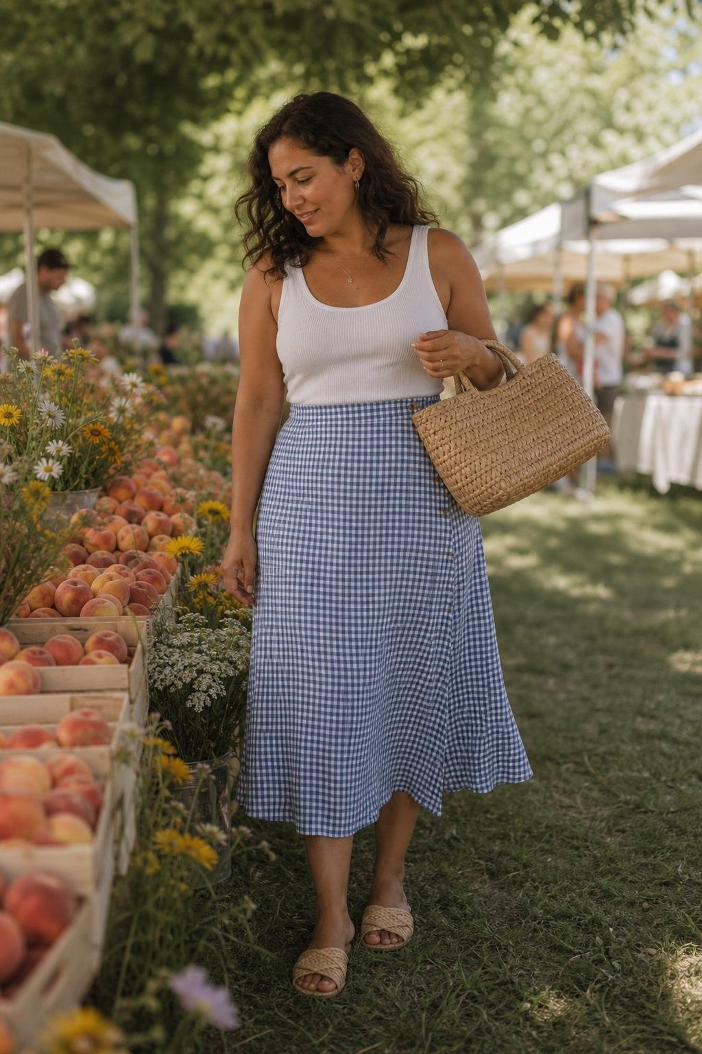 Blue gingham midi skirt with white ribbed tank and woven slides at a farmers market, relaxed sunny errand mood (option 1)