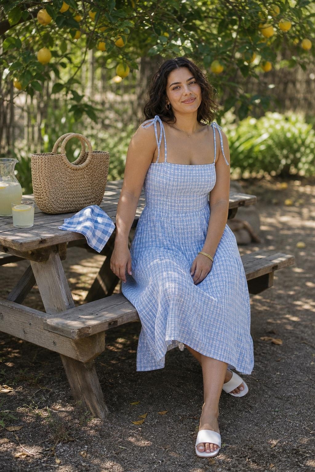 Blue gingham sundress, white slides, raffia bag, sunny picnic table scene (option 1)