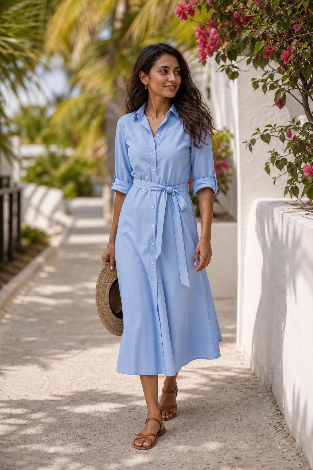 Blue poplin shirt dress with tan sandals and straw hat, sunny resort walkway (option 2)
