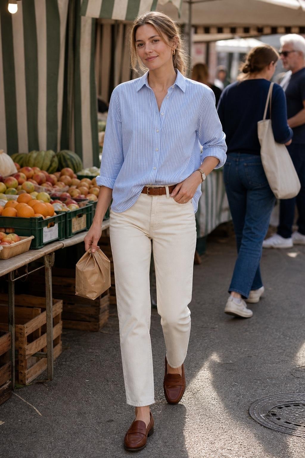 Blue striped button-down, ecru straight denim, brown belt, loafers, farmers market with tidy weekend mood (option 2)
