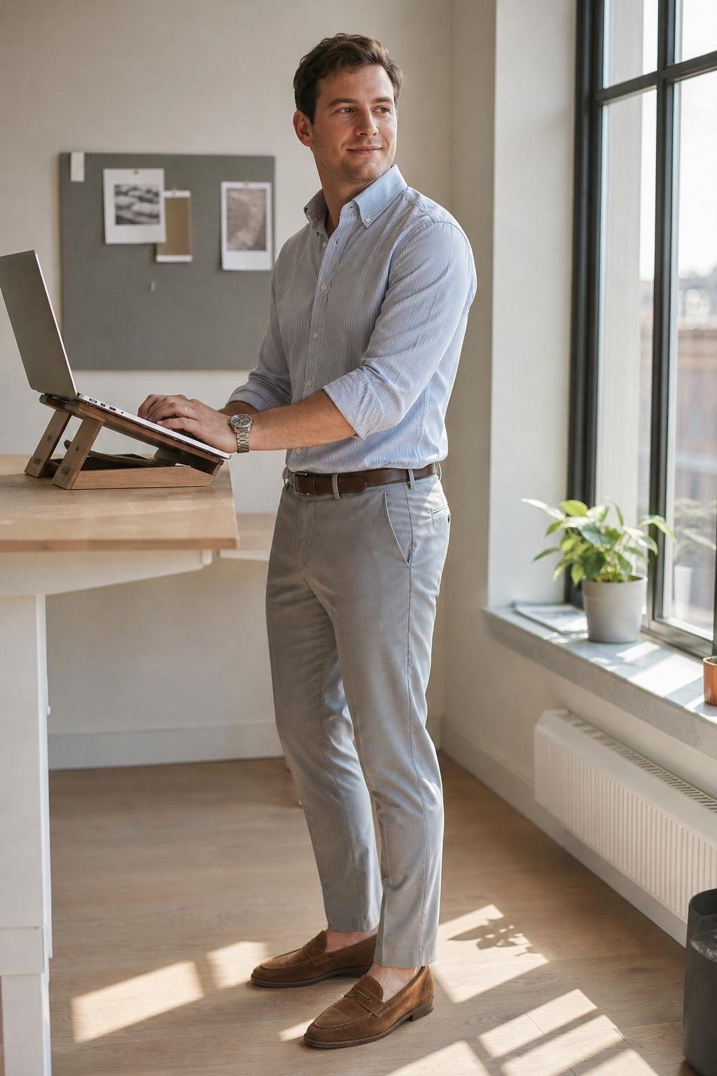 Blue striped shirt, gray chinos, tobacco suede loafers, tidy workstation with summer light (option 2)