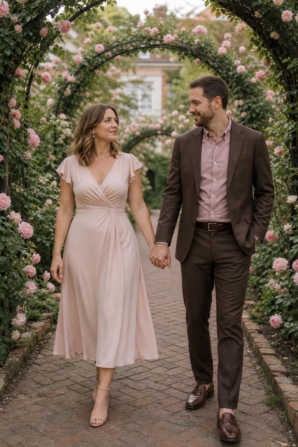 Blush midi dress with chocolate brown suit in a rose garden walkway (option 1)