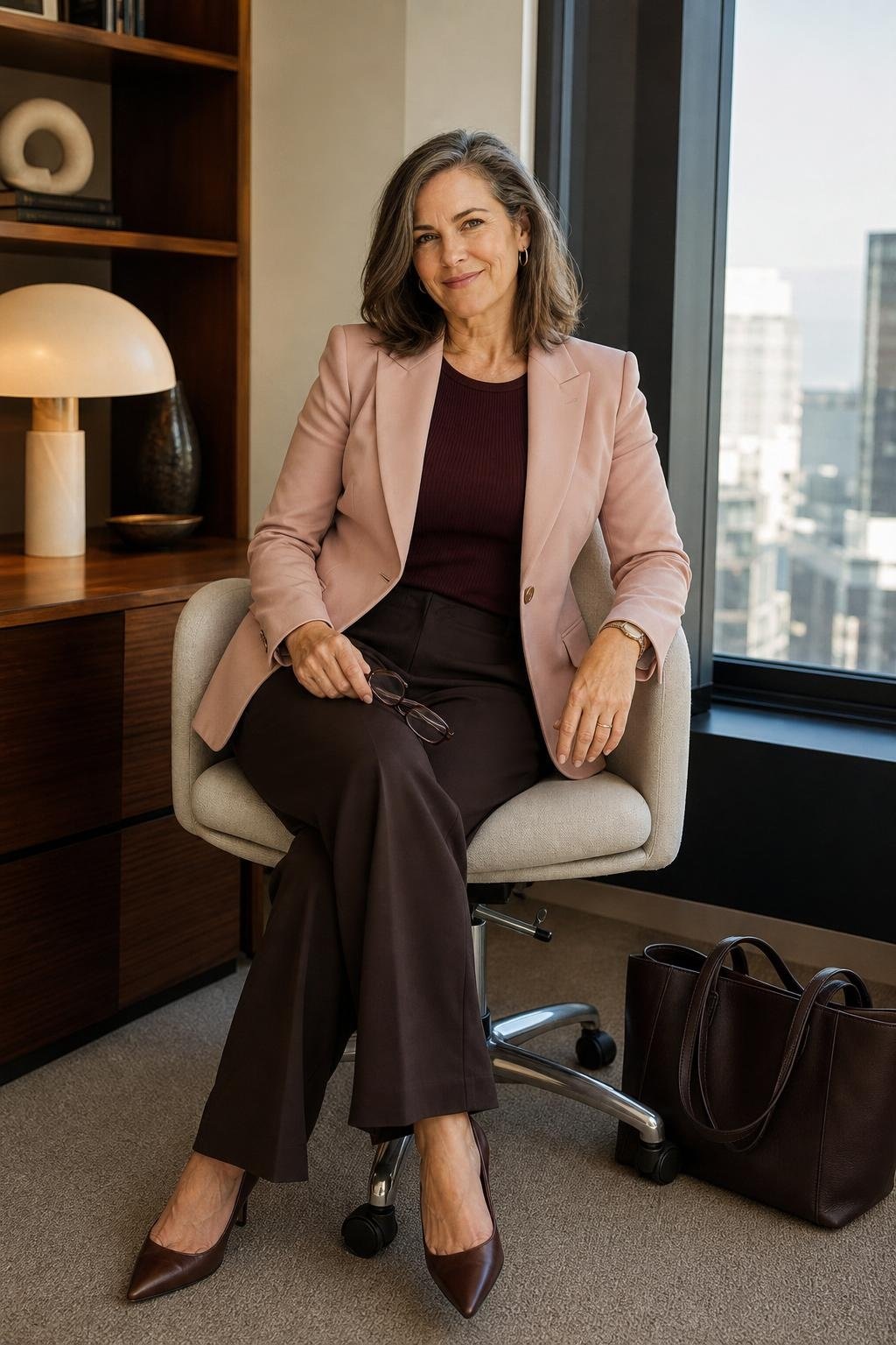 Blush pink blazer, espresso brown trousers, burgundy knit shell, brown pumps, refined corner office (option 2)