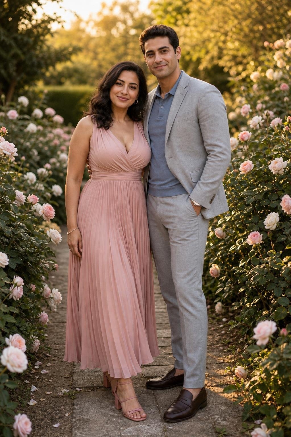 blush pink pleated dress with soft gray blazer and gray trousers in a blooming garden (option 2)