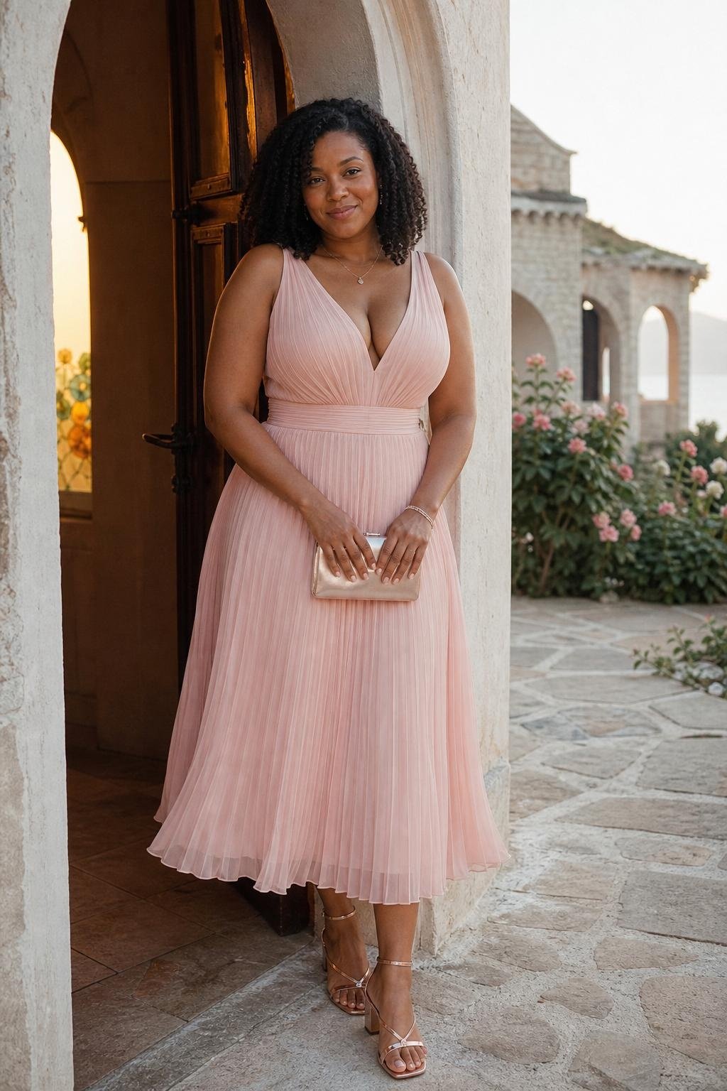 Blush pink pleated midi dress with rose-gold sandals at a romantic seaside chapel courtyard (option 2)