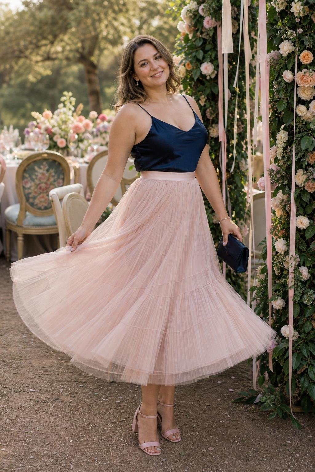 Blush pink tulle skirt with navy camisole at a whimsical garden reception (option 2)