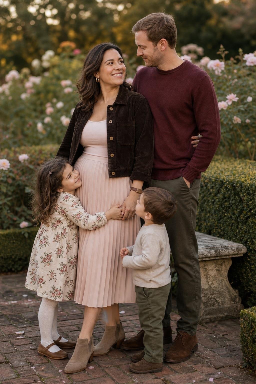 Blush pleated skirt, wine sweater, espresso corduroy jacket, suede ankle boots, soft garden portrait (option 1)