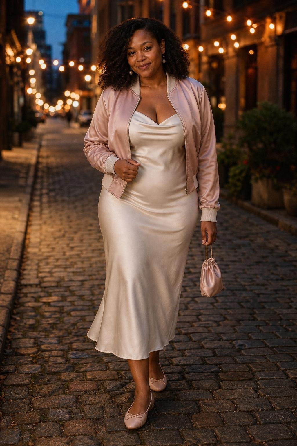 blush satin bomber, ivory slip dress, ballet flats, evening street lights mood (option 2)