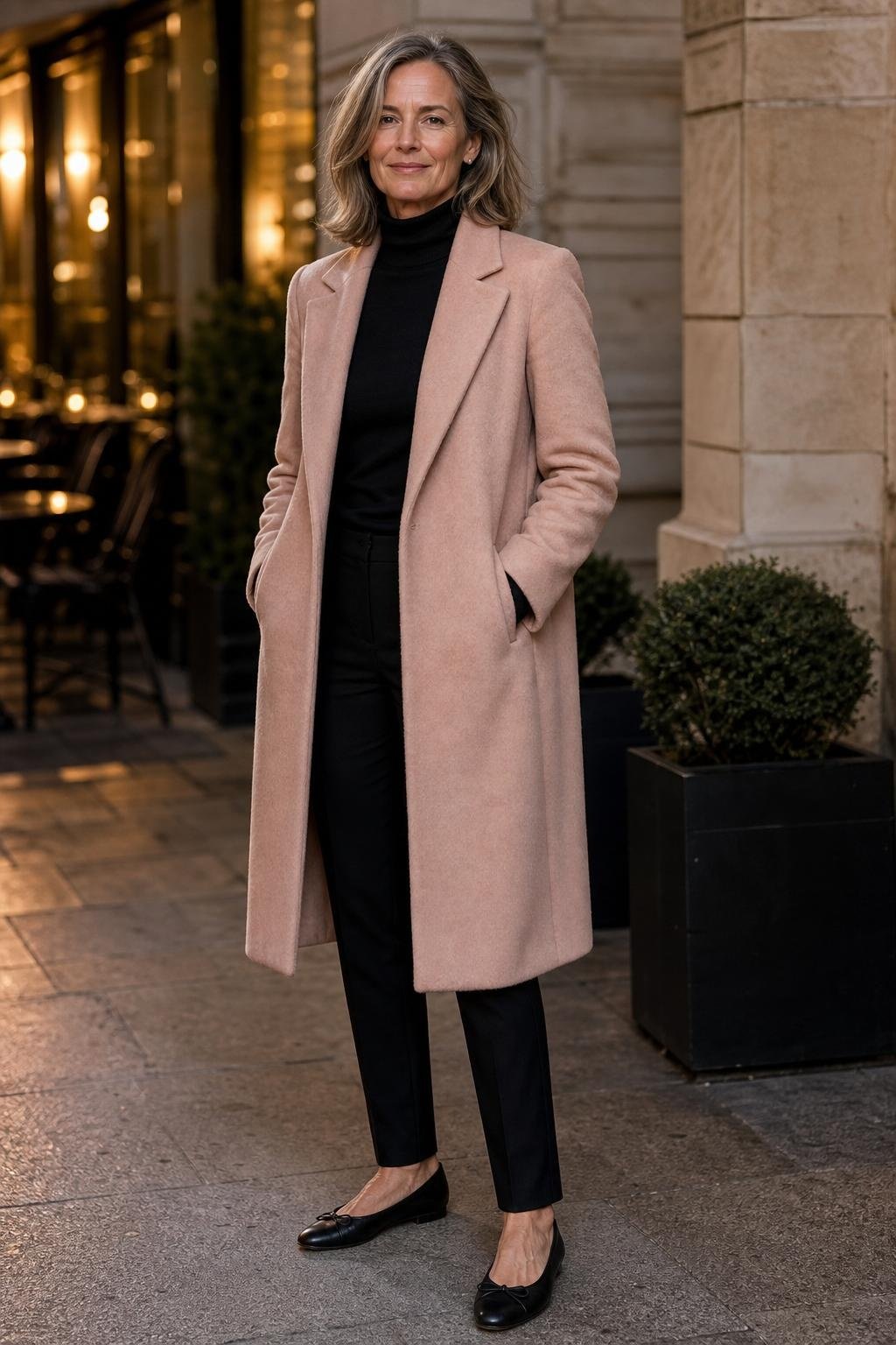 blush wool coat, black turtleneck, black trousers, black ballet flats, elegant city evening (option 1)