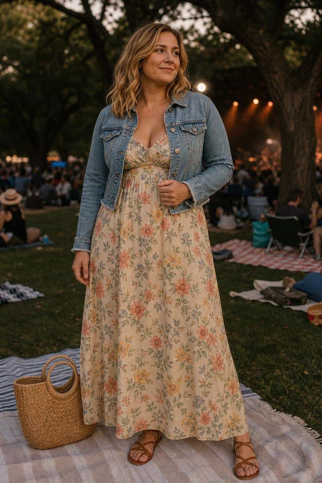 Breezy floral maxi dress, cropped denim jacket, flat sandals, straw tote, evening outdoor concert lawn (option 2)