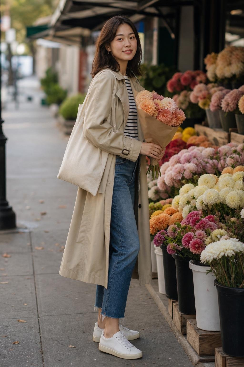 Breton striped long-sleeve tee with trench coat, cropped jeans, sneakers, weekend flower market (option 2)