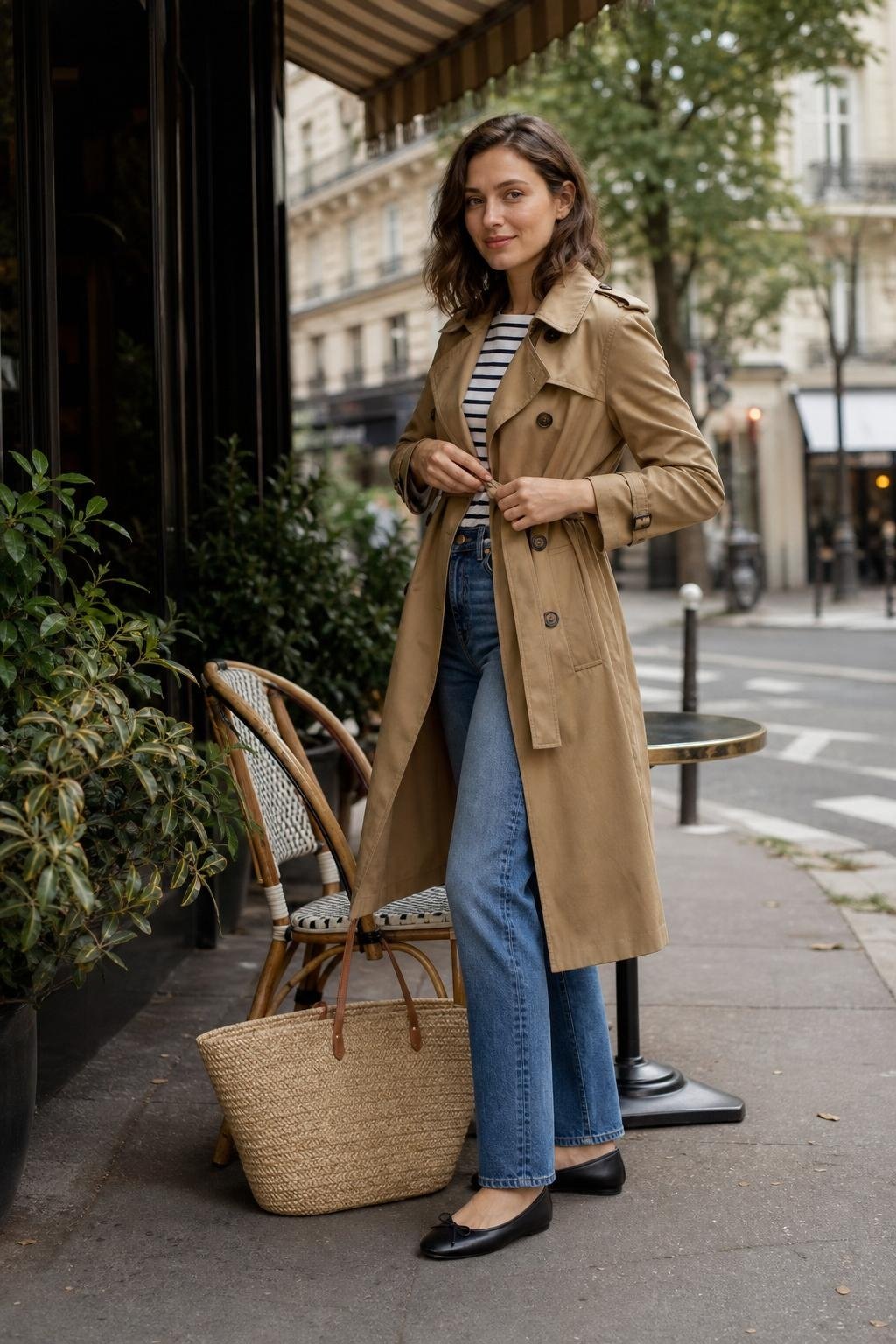Breton striped top, straight blue jeans, camel trench coat, black ballet flats, woven tote near a corner café (option 1)