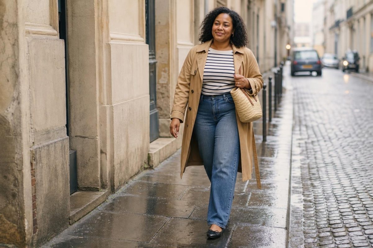 Breton striped top, straight jeans, camel trench, black ballet flats, woven tote on a misty city sidewalk (option 1)