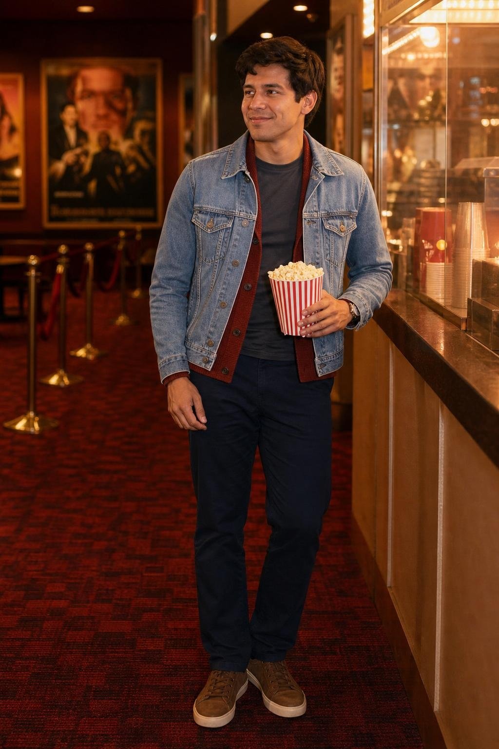 Brick red cardigan, light denim jacket, navy chinos, brown sneakers, casual movie date with popcorn counter glow (option 1)
