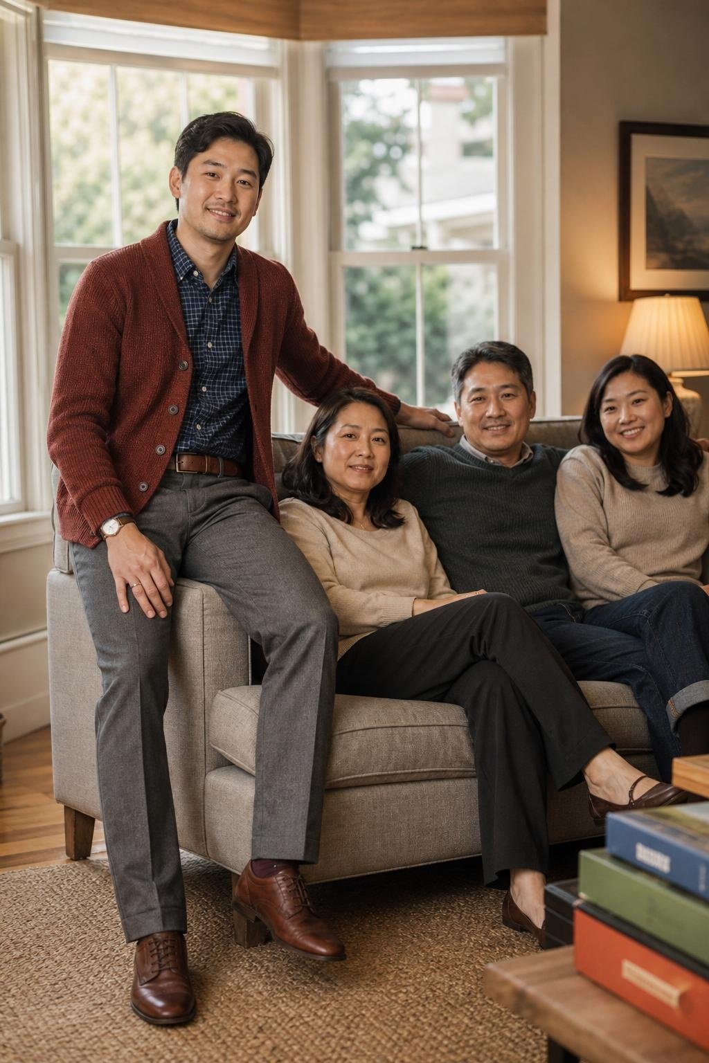 Brick red cardigan, navy check shirt, grey trousers, brown leather shoes, cozy living room family portrait (option 2)