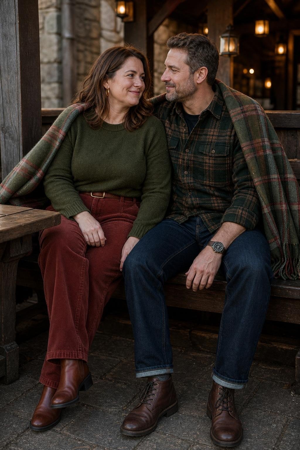 Brick red corduroy trousers with moss green sweater, brown boots, moss flannel shirt and dark jeans, cozy pub booth (option 2)