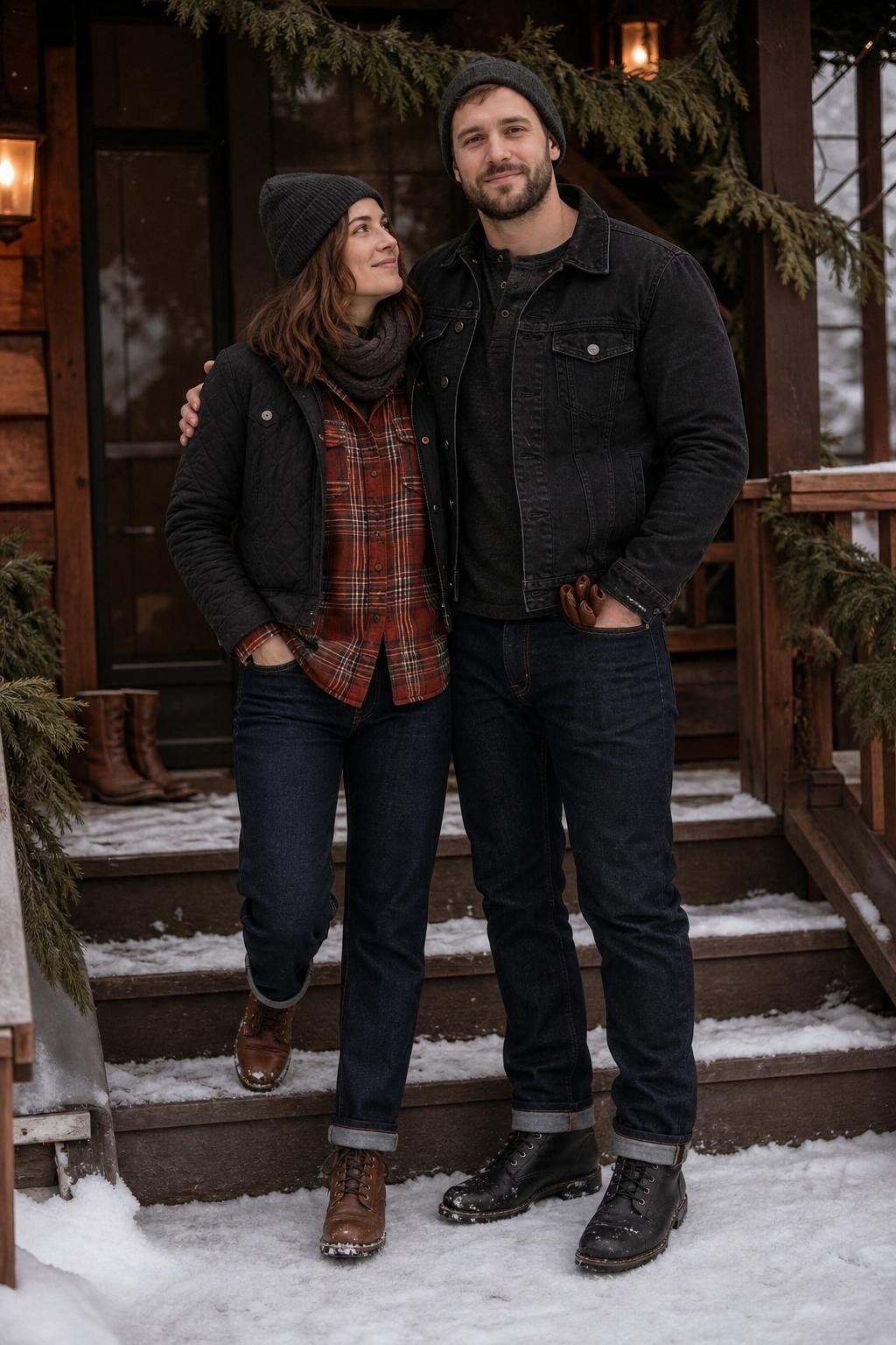 Brick red plaid shirt with black denim jacket, dark jeans, lace-up boots, snowy porch photo mood (option 2)