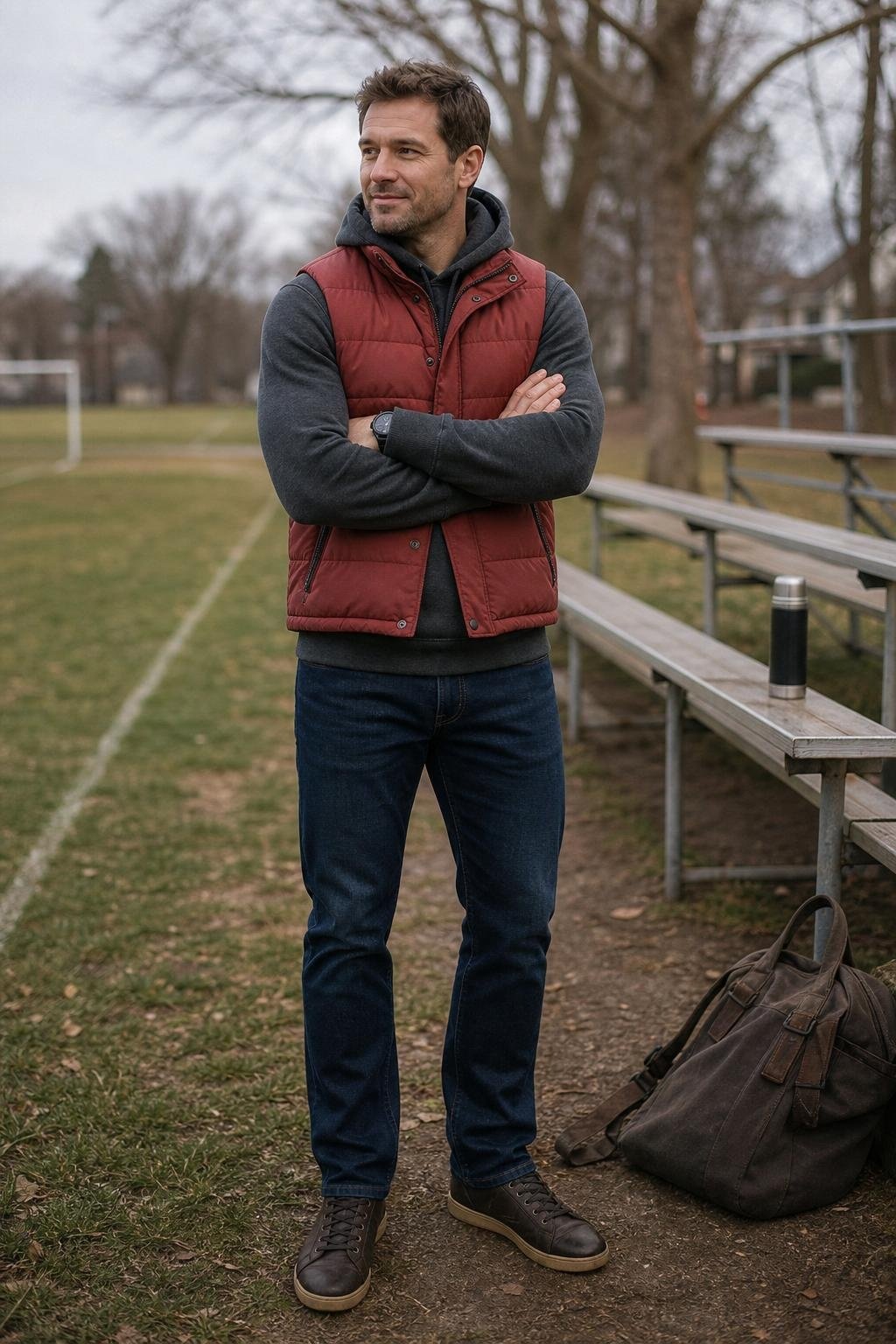 Brick red puffer vest, charcoal hoodie, dark jeans, rugged leather sneakers, chilly weekend sports sideline (option 1)