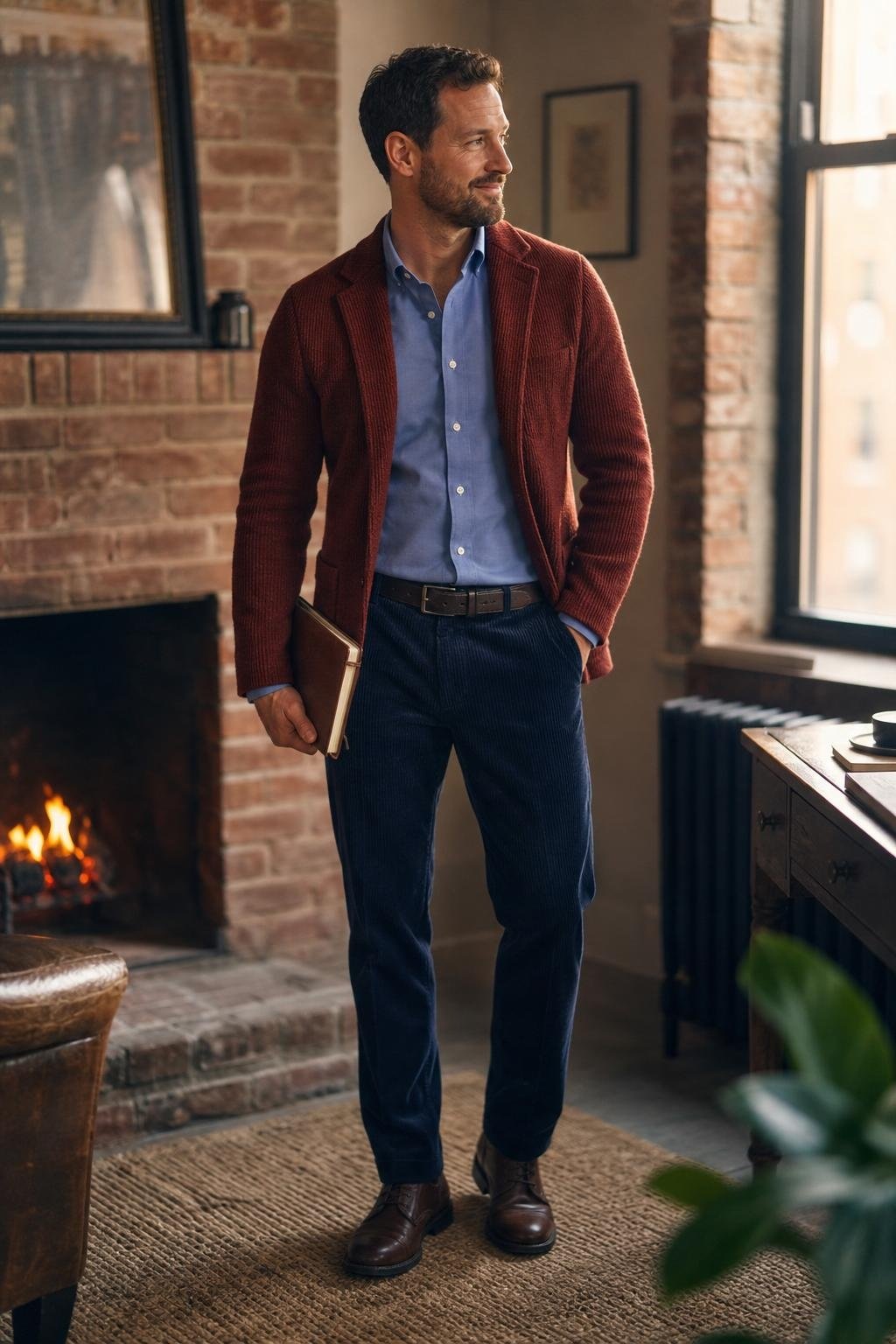 Brick red sweater blazer, navy corduroy trousers, blue poplin shirt, brown boots in a cozy office (option 2)