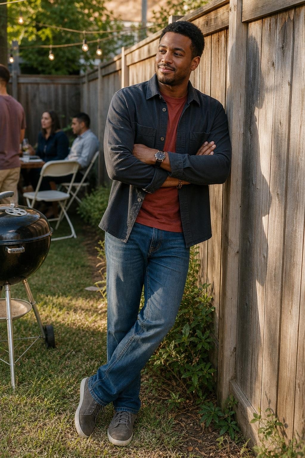 Brick red T-shirt, charcoal twill overshirt, medium wash jeans, gray suede sneakers, casual backyard gathering (option 1)