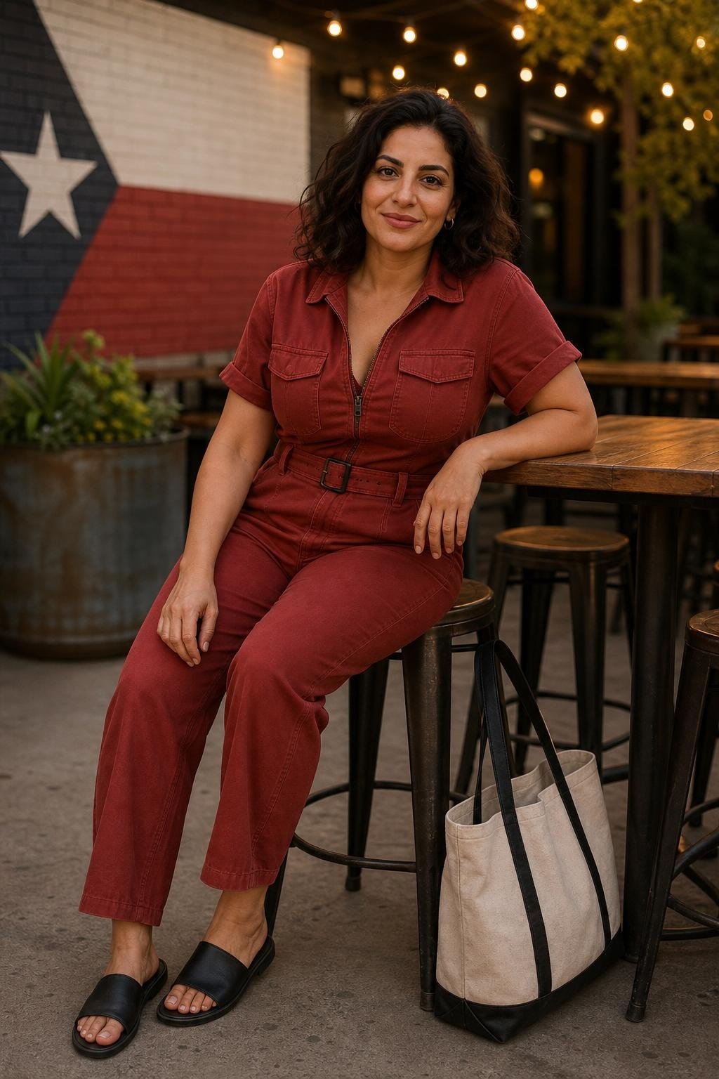 Brick red utility jumpsuit, black leather slides, canvas tote, brewery patio with string lights (option 1)