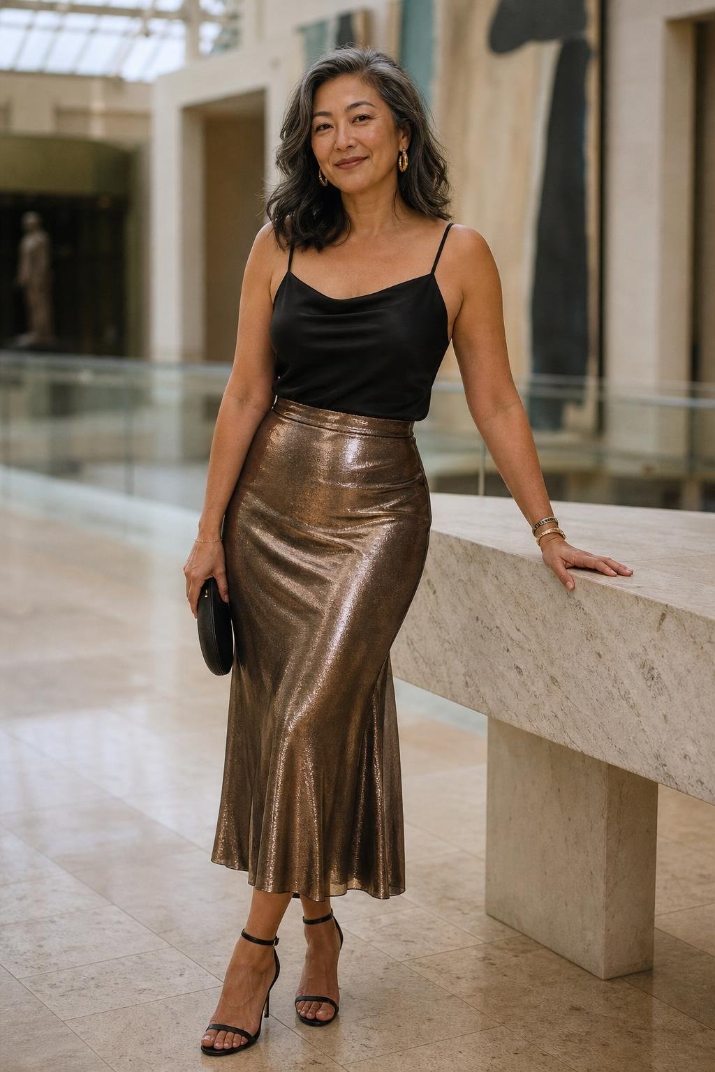 Bronze metallic midi skirt with black silk camisole inside a modern museum atrium (option 1)