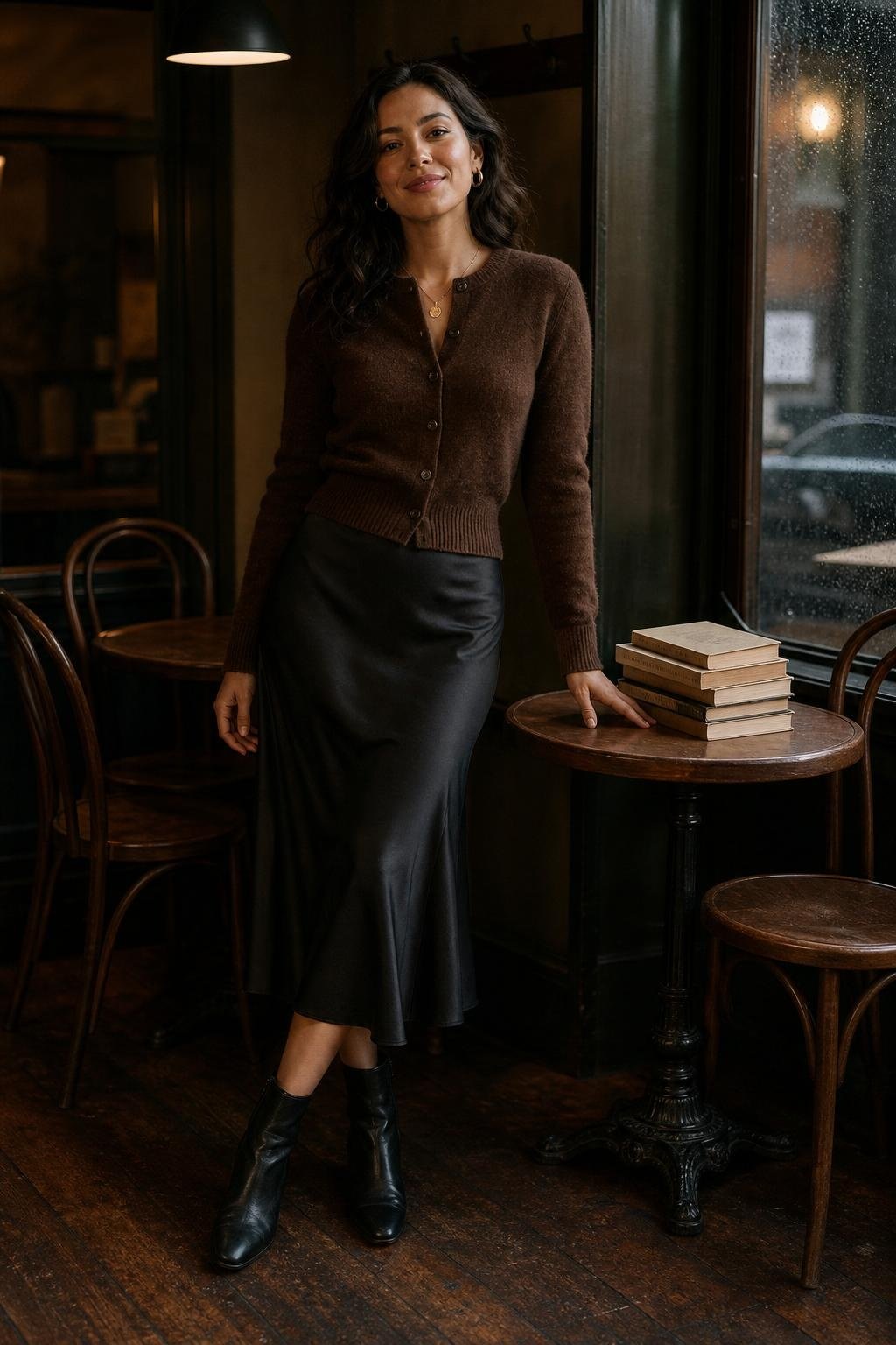 Brown cardigan buttoned as top, black satin slip skirt, ankle boots, dim café corner with books (option 2)
