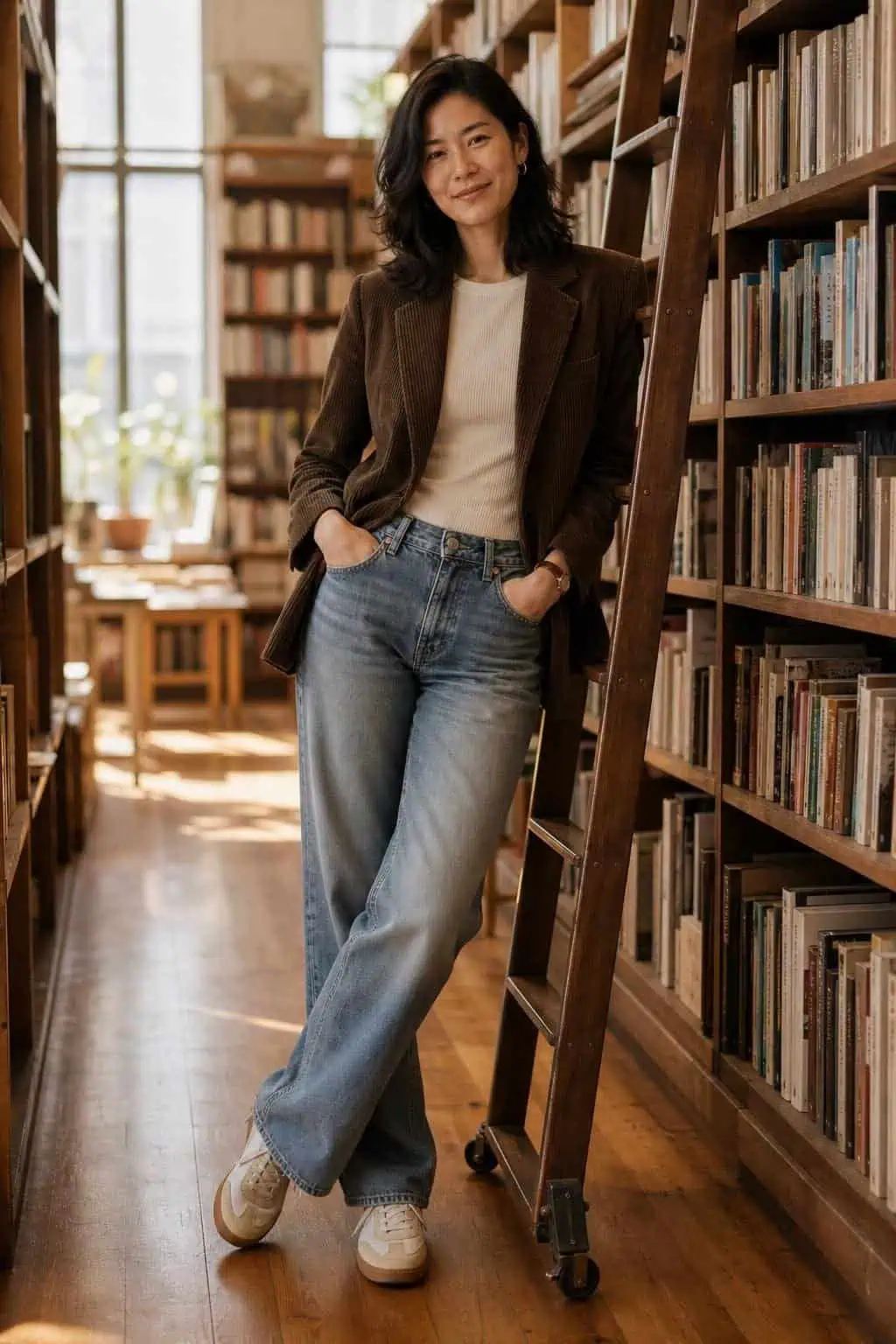 Brown corduroy blazer, ivory tee, faded jeans, retro sneakers in a sunny neighborhood bookstore (option 2)