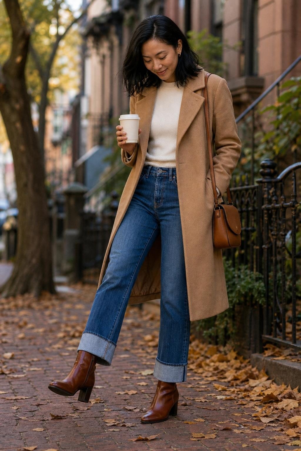 Brown leather ankle boots with cuffed jeans, camel coat, coffee cup, brick sidewalk scene (option 2)