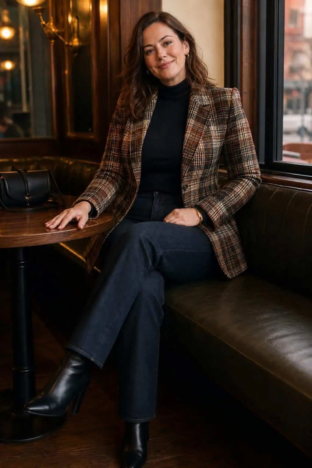 Brown plaid blazer, black turtleneck, dark straight jeans, heeled ankle boots, downtown dinner setting (option 2)