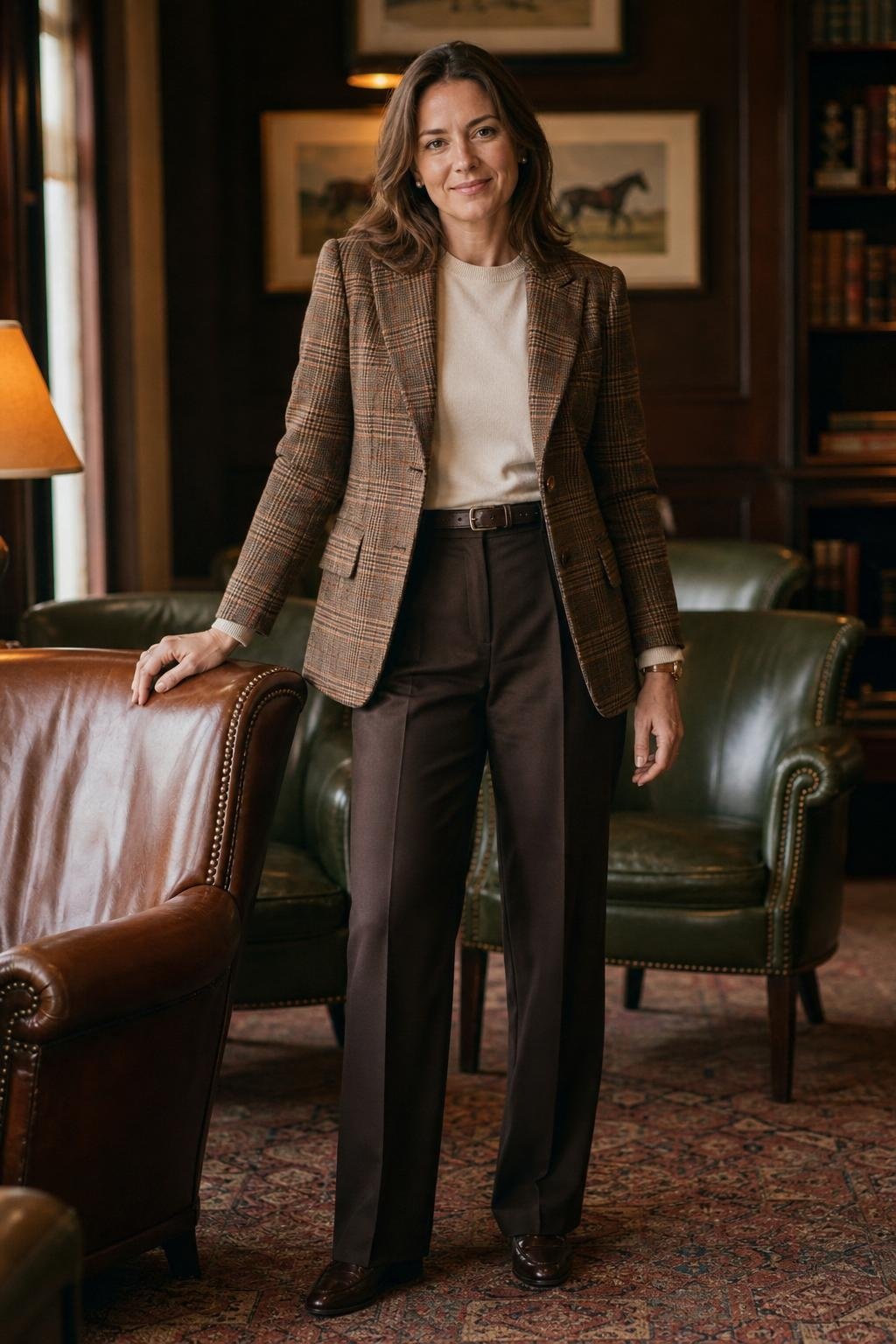 Brown plaid blazer, cream fine-gauge knit, chocolate trousers, loafers, private club lounge with classic mood (option 2)