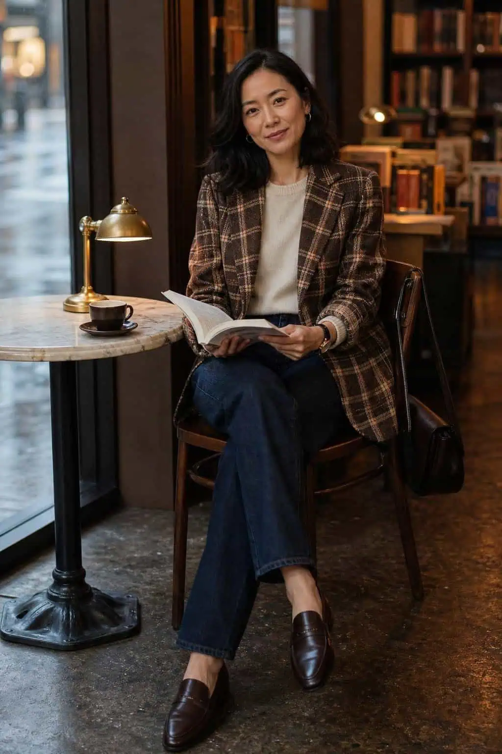 Brown plaid blazer, thin merino sweater, dark straight-leg jeans, loafers, bookstore café mood (option 2)