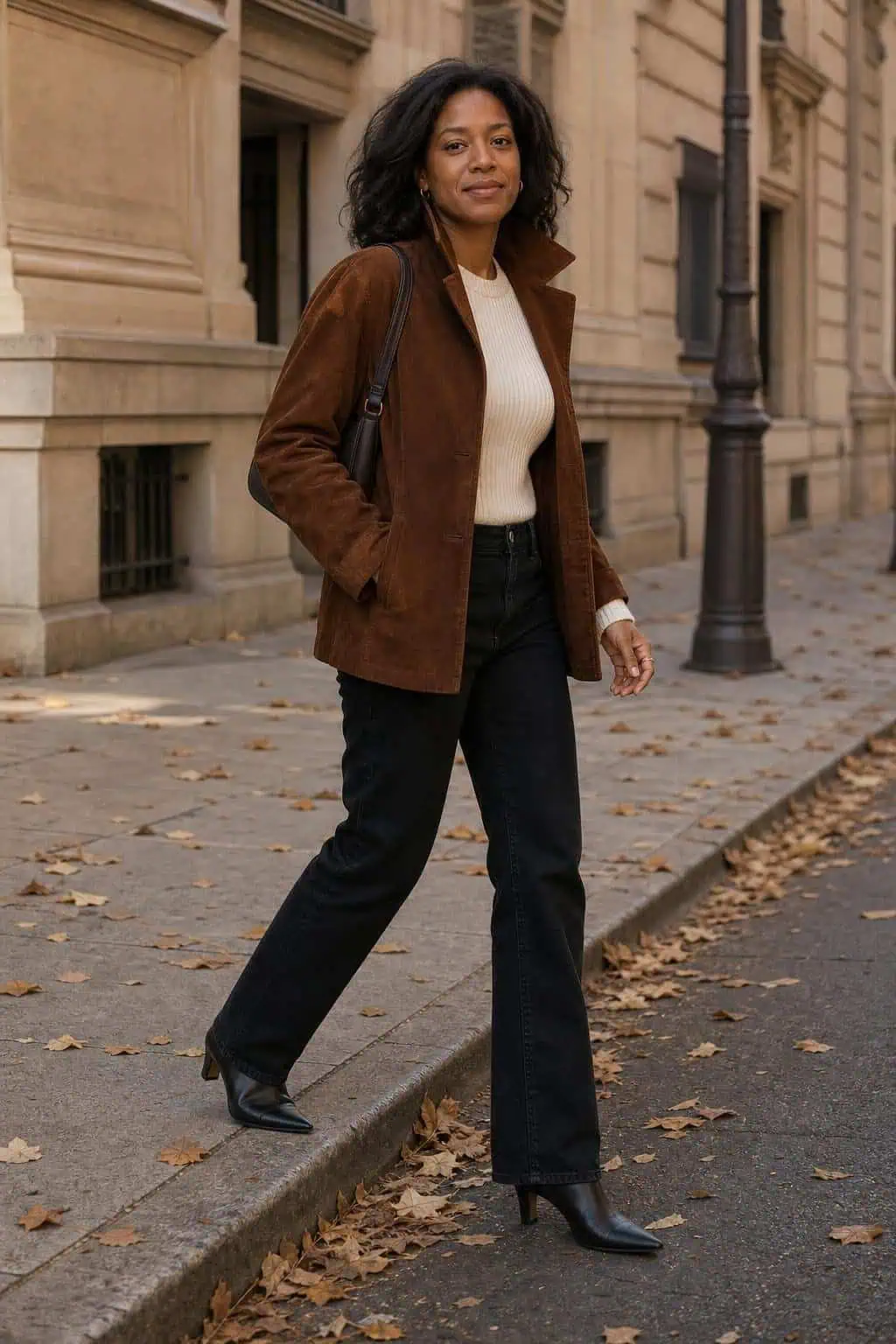 Brown suede jacket, cream ribbed sweater, black straight jeans, pointed ankle boots, leaf-strewn city street (option 1)