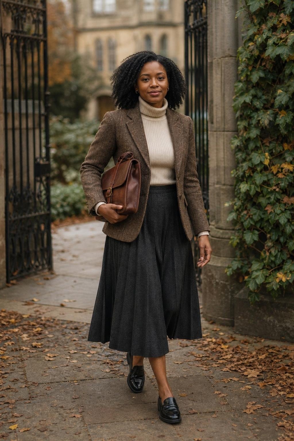 Brown tweed blazer, cream turtleneck, charcoal pleated midi skirt, loafers, leather satchel outside a historic library (option 1)