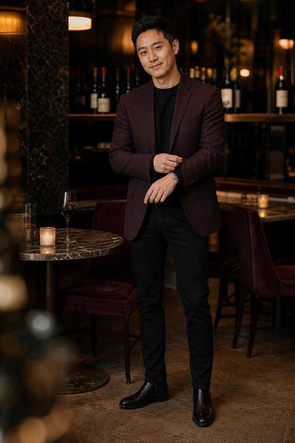 Burgundy blazer, black merino sweater, black jeans, polished Chelsea boots, moody wine bar with candlelit tables (option 2)