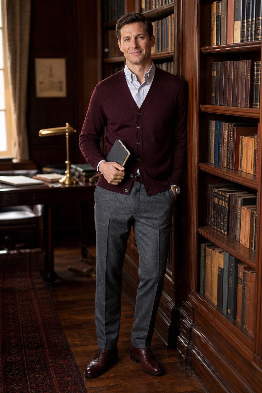 Burgundy cardigan, gray wool trousers, striped button-down, oxblood brogues in a library-like office (option 2)