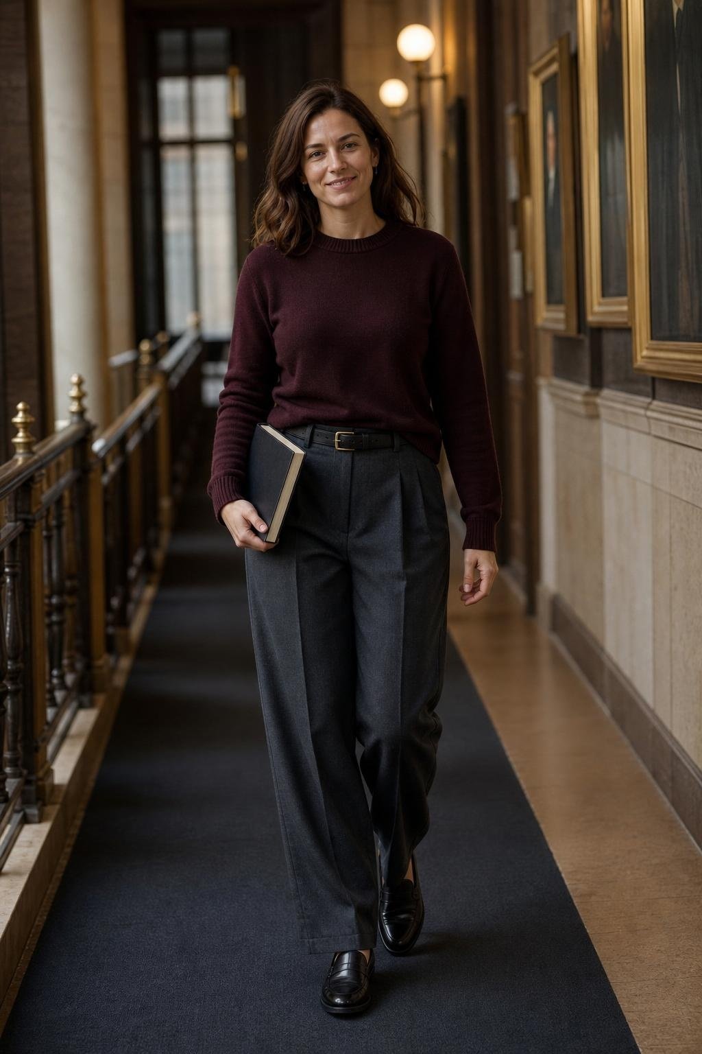 Burgundy crewneck sweater, charcoal pleated trousers, black belt, loafers, university hallway with old portraits (option 1)