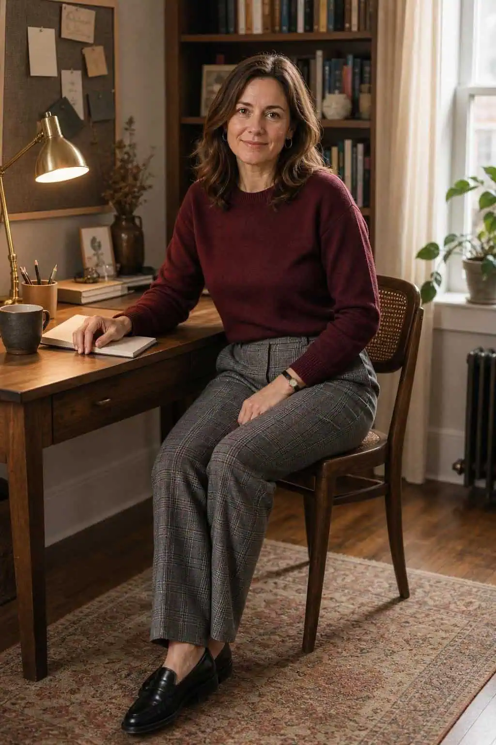 Burgundy crewneck sweater, gray plaid trousers, black loafers, cozy office desk scene (option 1)